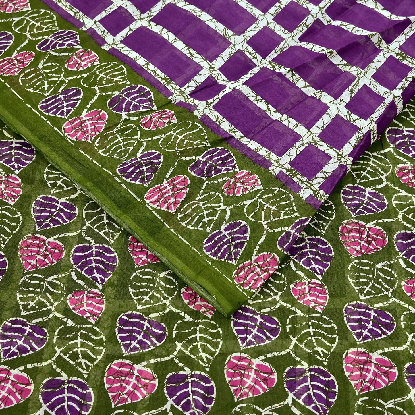 Indian Vintage Sari Purple & Green Batik Printed Saree 100% Pure Cotton 5Yd Craft Fabric Soft Sewing Sarong Wrap Boho Quilting Dress Making