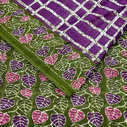 Indian Vintage Sari Purple & Green Batik Printed Saree 100% Pure Cotton 5Yd Craft Fabric Soft Sewing Sarong Wrap Boho Quilting Dress Making