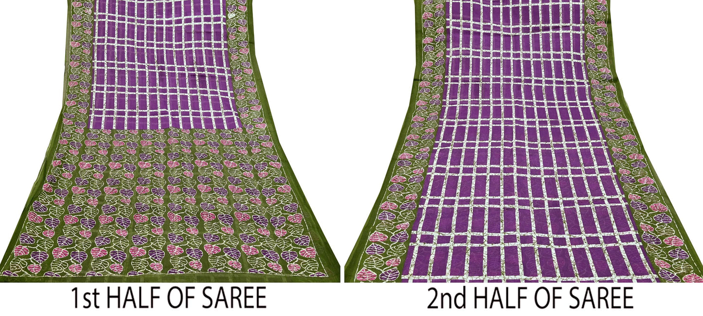 Indian Vintage Sari Purple & Green Batik Printed Saree 100% Pure Cotton 5Yd Craft Fabric Soft Sewing Sarong Wrap Boho Quilting Dress Making