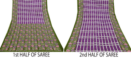 Indian Vintage Sari Purple & Green Batik Printed Saree 100% Pure Cotton 5Yd Craft Fabric Soft Sewing Sarong Wrap Boho Quilting Dress Making