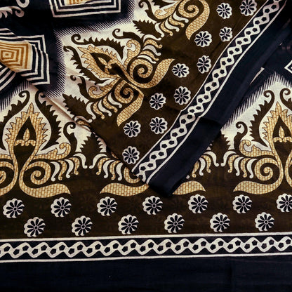 Indian Vintage Brown & Black Saree Printed Pure Cotton Sari Craft Fabric 5Yd Sewing Sarong Wrap Boho Floral Quilting Crafting Dress Making