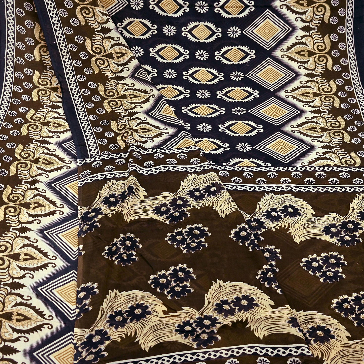 Indian Vintage Brown & Black Saree Printed Pure Cotton Sari Craft Fabric 5Yd Sewing Sarong Wrap Boho Floral Quilting Crafting Dress Making