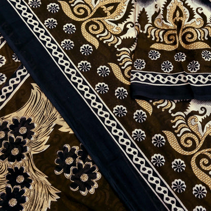 Indian Vintage Brown & Black Saree Printed Pure Cotton Sari Craft Fabric 5Yd Sewing Sarong Wrap Boho Floral Quilting Crafting Dress Making