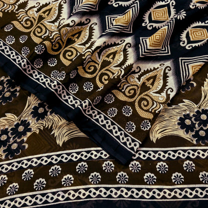 Indian Vintage Brown & Black Saree Printed Pure Cotton Sari Craft Fabric 5Yd Sewing Sarong Wrap Boho Floral Quilting Crafting Dress Making