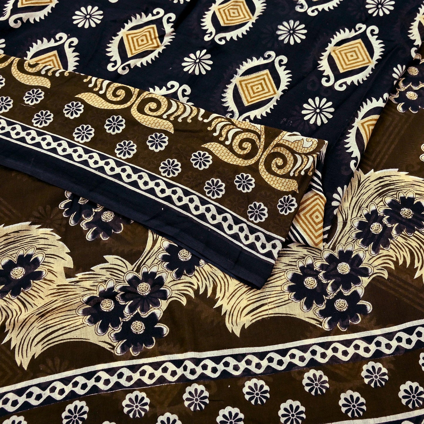 Indian Vintage Brown & Black Saree Printed Pure Cotton Sari Craft Fabric 5Yd Sewing Sarong Wrap Boho Floral Quilting Crafting Dress Making