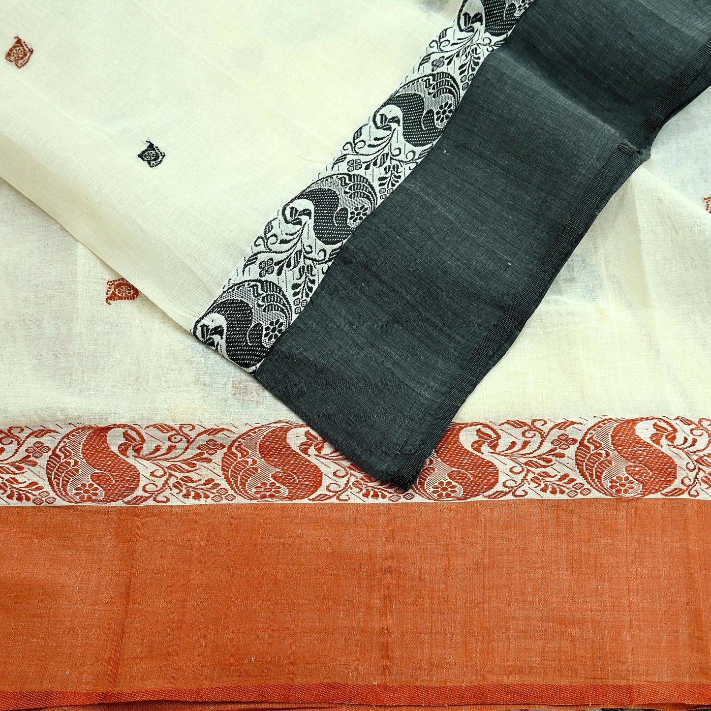 Indian Vintage Sari Ivory Pure Cotton Hand Woven 5Yd Sarees Soft Paisley Ethnic Craft Fabric Sewing Dress making Crafting Quilting