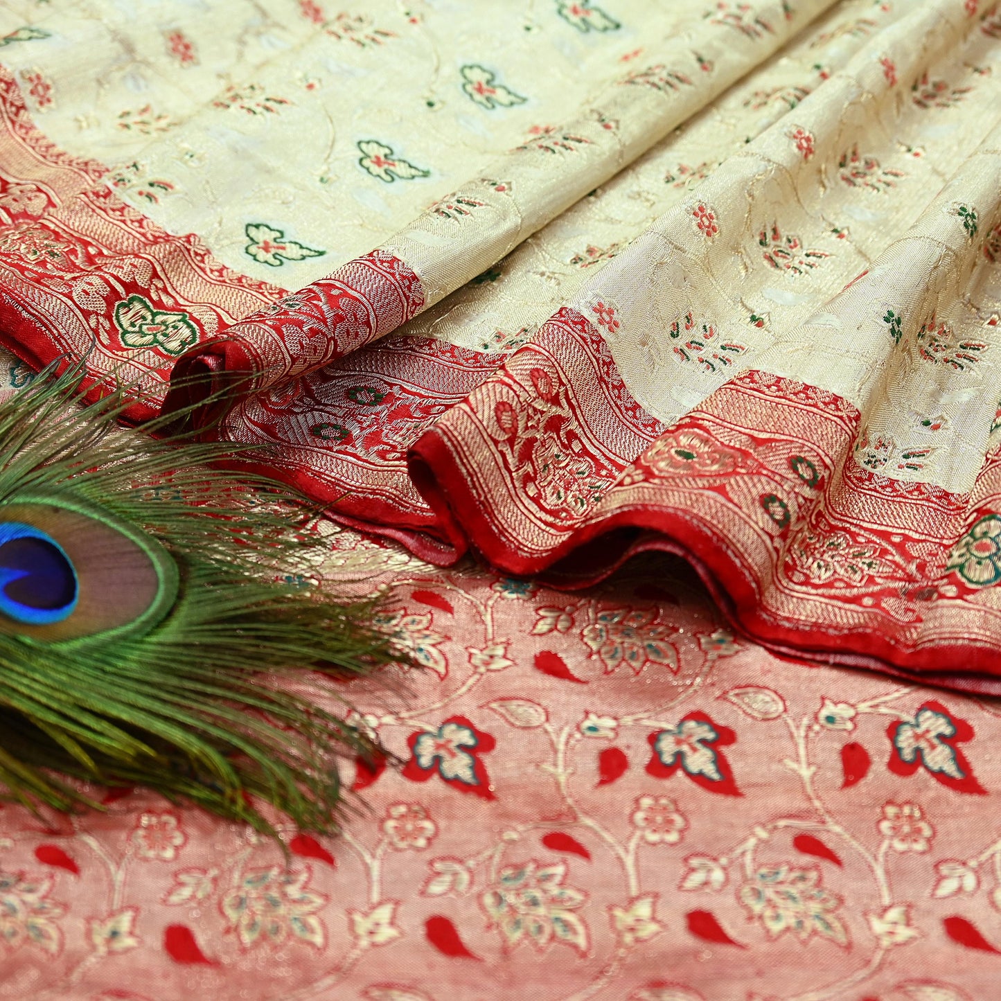 Indian Antique Vintage Heavy Wedding Sari Red & White Pure Satin Silk Hand Woven Banarasi Sarees Zari 5Yd Floral Pre-owned Designing