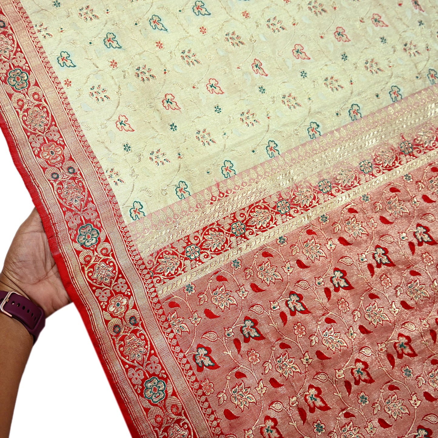 Indian Antique Vintage Heavy Wedding Sari Red & White Pure Satin Silk Hand Woven Banarasi Sarees Zari 5Yd Floral Pre-owned Designing