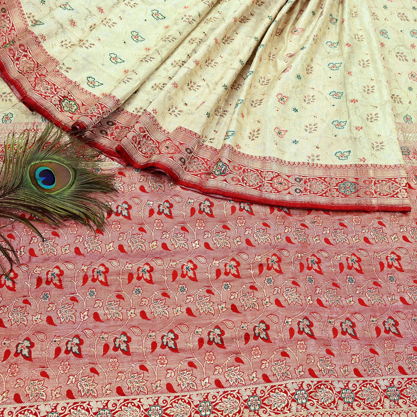 Indian Antique Vintage Heavy Wedding Sari Red & White Pure Satin Silk Hand Woven Banarasi Sarees Zari 5Yd Floral Pre-owned Designing