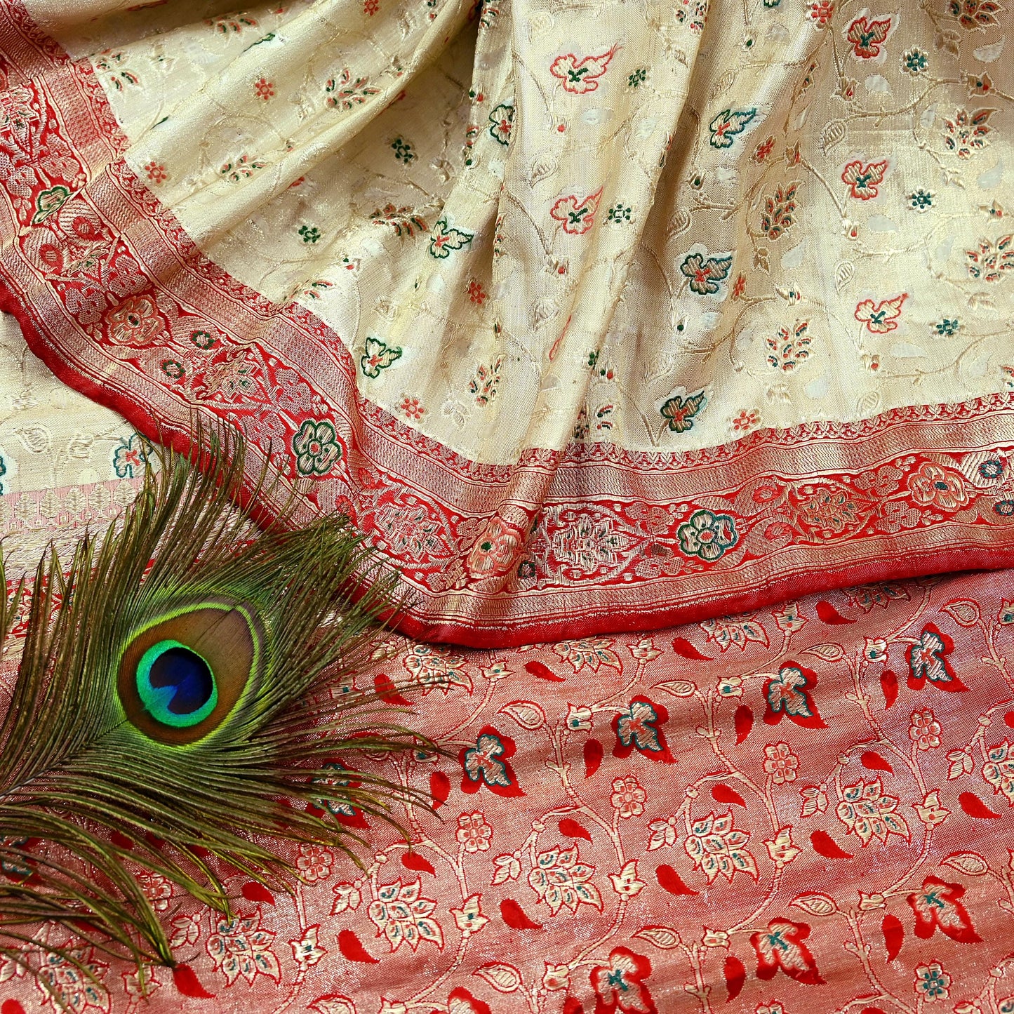 Indian Antique Vintage Heavy Wedding Sari Red & White Pure Satin Silk Hand Woven Banarasi Sarees Zari 5Yd Floral Pre-owned Designing