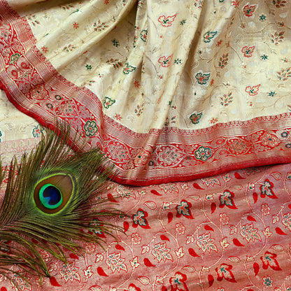 Indian Antique Vintage Heavy Wedding Sari Red & White Pure Satin Silk Hand Woven Banarasi Sarees Zari 5Yd Floral Pre-owned Designing