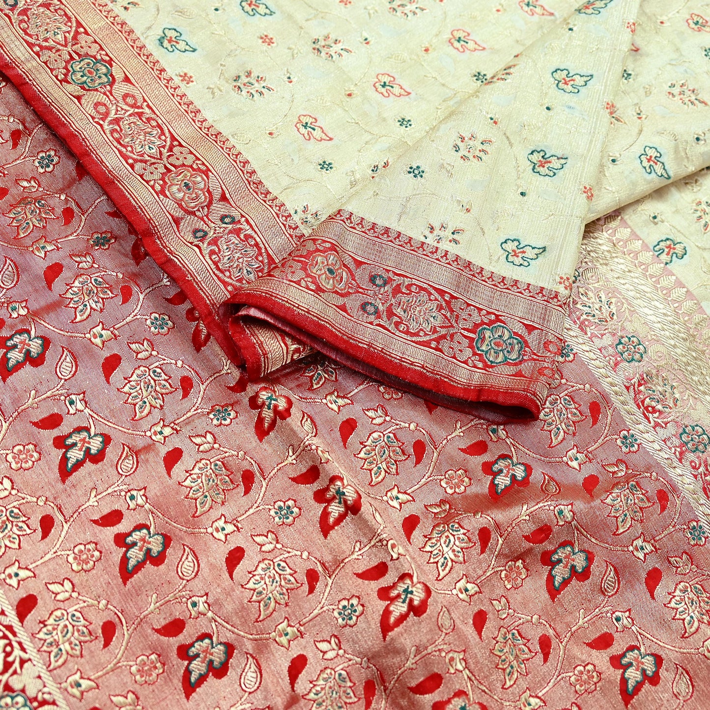 Indian Antique Vintage Heavy Wedding Sari Red & White Pure Satin Silk Hand Woven Banarasi Sarees Zari 5Yd Floral Pre-owned Designing