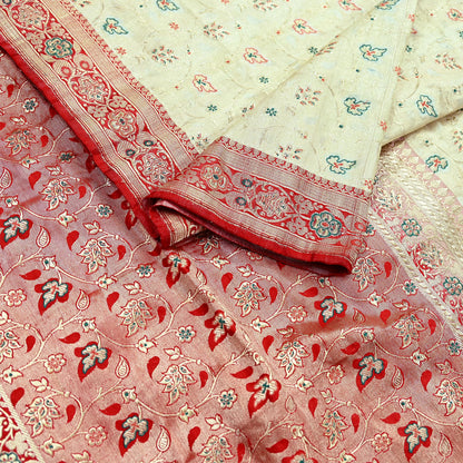 Indian Antique Vintage Heavy Wedding Sari Red & White Pure Satin Silk Hand Woven Banarasi Sarees Zari 5Yd Floral Pre-owned Designing