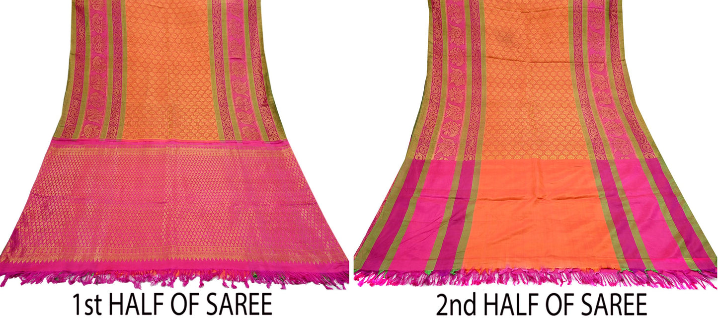 Indian Vintage Heavy Rani Pink Hand woven Kanjivaram Saree 100% Pure Silk Sari Metallic Golden Zari 5Yd Floral Crafting Dress making Fringes