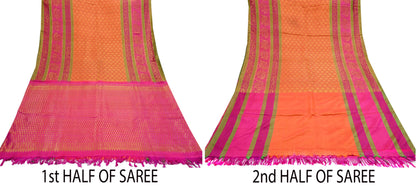 Indian Vintage Heavy Rani Pink Hand woven Kanjivaram Saree 100% Pure Silk Sari Metallic Golden Zari 5Yd Floral Crafting Dress making Fringes