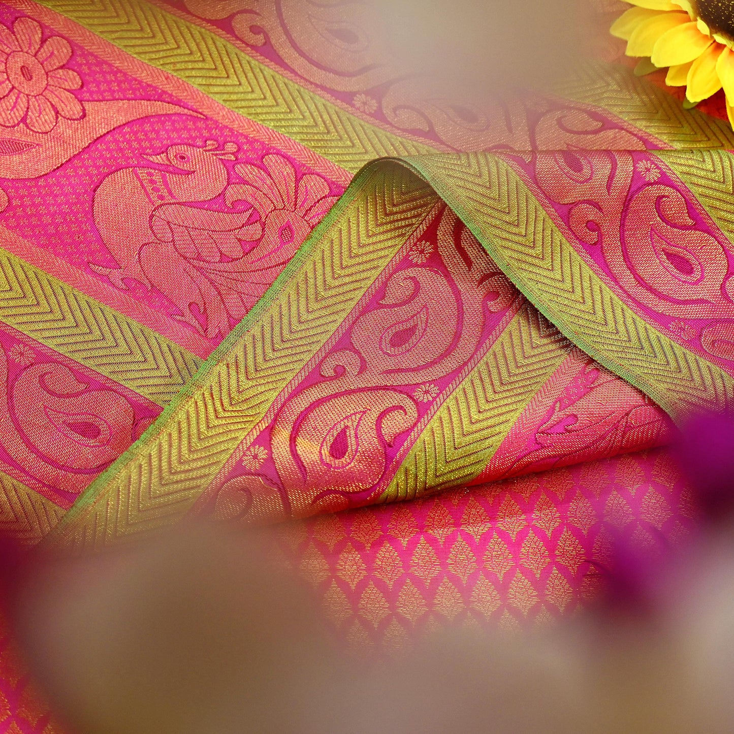 Indian Vintage Heavy Rani Pink Hand woven Kanjivaram Saree 100% Pure Silk Sari Metallic Golden Zari 5Yd Floral Crafting Dress making Fringes