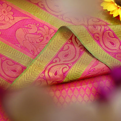 Indian Vintage Heavy Rani Pink Hand woven Kanjivaram Saree 100% Pure Silk Sari Metallic Golden Zari 5Yd Floral Crafting Dress making Fringes