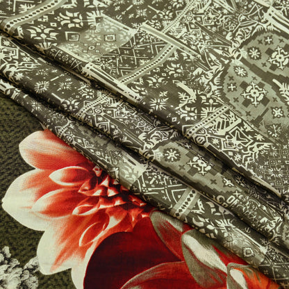 Indian Vintage Saree Ivory & Green Moss Crepe Digital Printed Sari Fabric 6yd Sewing Soft Craft Fabric Dressmaking Dress Designing Quilting