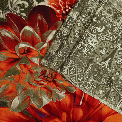 Indian Vintage Saree Ivory & Green Moss Crepe Digital Printed Sari Fabric 6yd Sewing Soft Craft Fabric Dressmaking Dress Designing Quilting