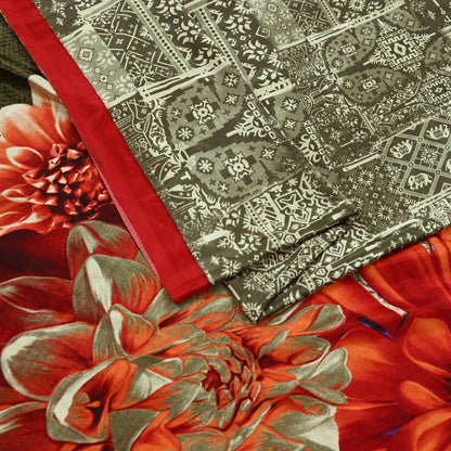 Indian Vintage Saree Ivory & Green Moss Crepe Digital Printed Sari Fabric 6yd Sewing Soft Craft Fabric Dressmaking Dress Designing Quilting