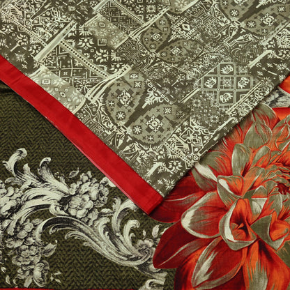 Indian Vintage Saree Ivory & Green Moss Crepe Digital Printed Sari Fabric 6yd Sewing Soft Craft Fabric Dressmaking Dress Designing Quilting