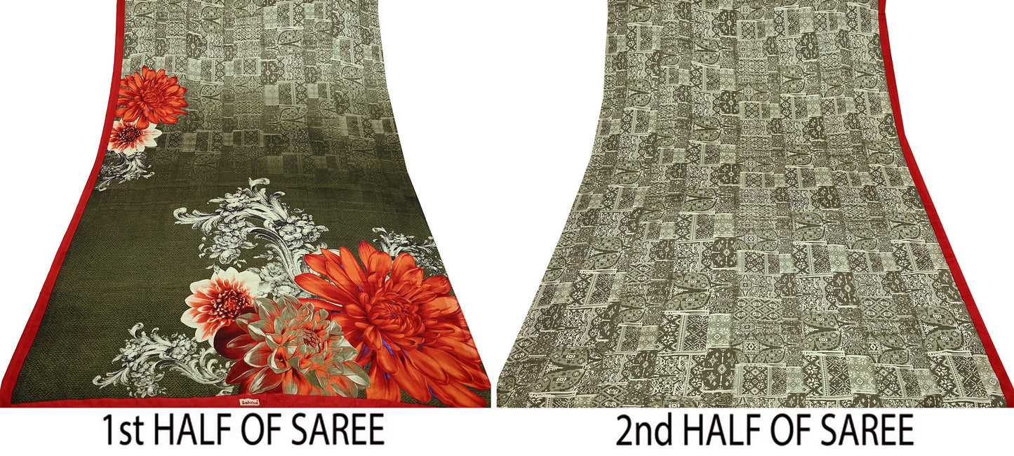 Indian Vintage Saree Ivory & Green Moss Crepe Digital Printed Sari Fabric 6yd Sewing Soft Craft Fabric Dressmaking Dress Designing Quilting