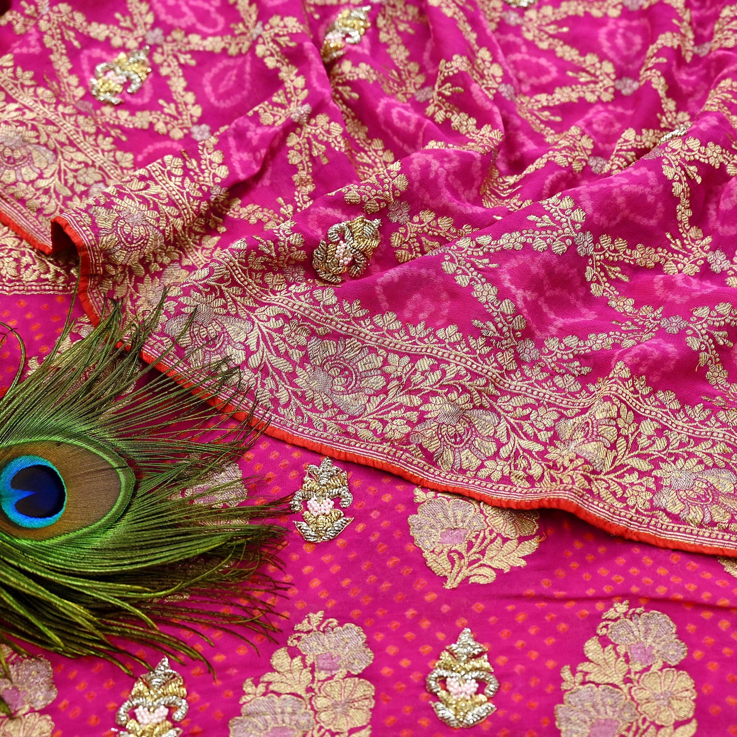 Indian Pre-Owned Sari Magenta Pure Georgette silk Hand Embroidered Bandhani Gharchola Sarees Ethnic Zardozi/Dabka Zari Wedding Saree