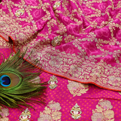 Indian Pre-Owned Sari Magenta Pure Georgette silk Hand Embroidered Bandhani Gharchola Sarees Ethnic Zardozi/Dabka Zari Wedding Saree