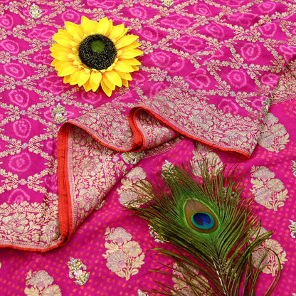 Indian Pre-Owned Sari Magenta Pure Georgette silk Hand Embroidered Bandhani Gharchola Sarees Ethnic Zardozi/Dabka Zari Wedding Saree