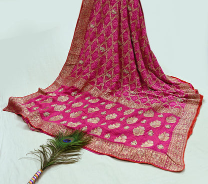 Indian Pre-Owned Sari Magenta Pure Georgette silk Hand Embroidered Bandhani Gharchola Sarees Ethnic Zardozi/Dabka Zari Wedding Saree