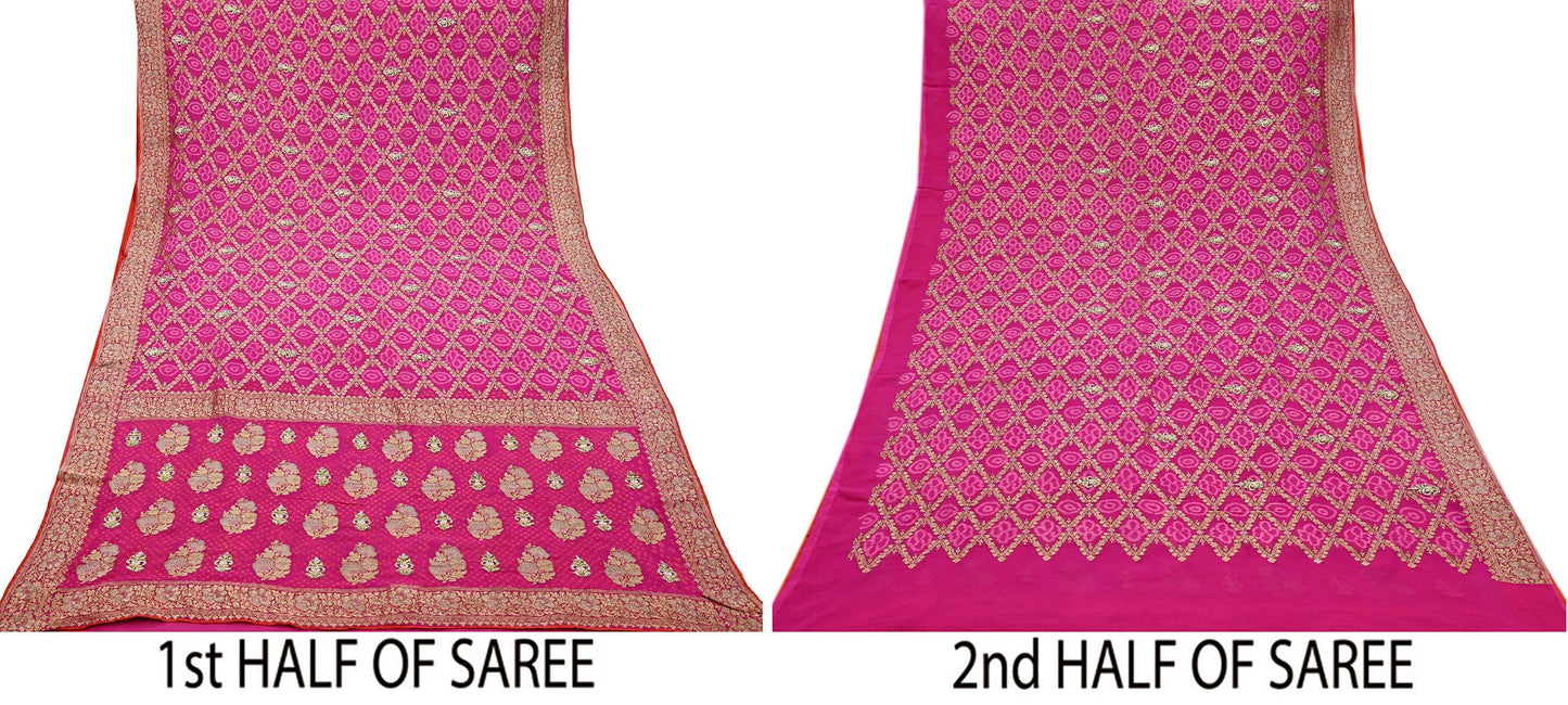 Indian Pre-Owned Sari Magenta Pure Georgette silk Hand Embroidered Bandhani Gharchola Sarees Ethnic Zardozi/Dabka Zari Wedding Saree