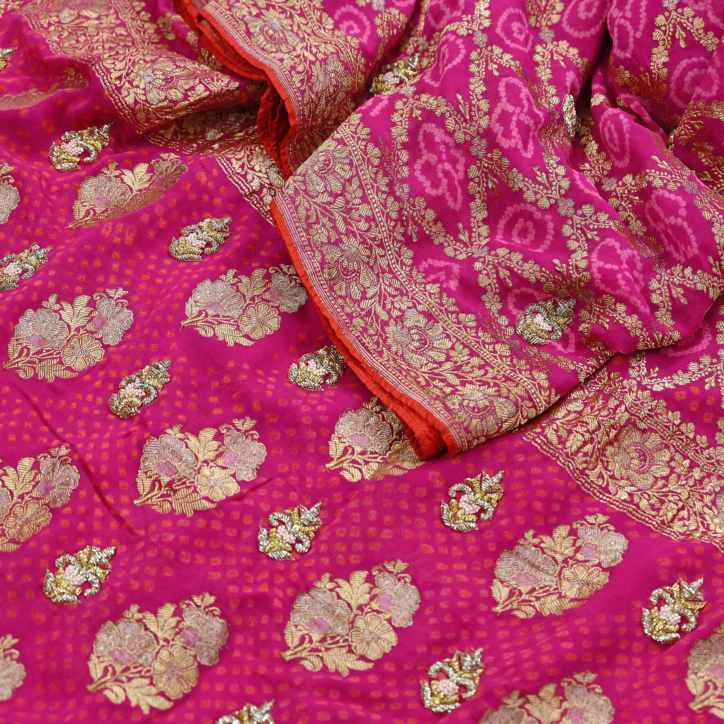 Indian Pre-Owned Sari Magenta Pure Georgette silk Hand Embroidered Bandhani Gharchola Sarees Ethnic Zardozi/Dabka Zari Wedding Saree