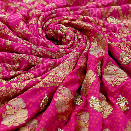 Indian Pre-Owned Sari Magenta Pure Georgette silk Hand Embroidered Bandhani Gharchola Sarees Ethnic Zardozi/Dabka Zari Wedding Saree