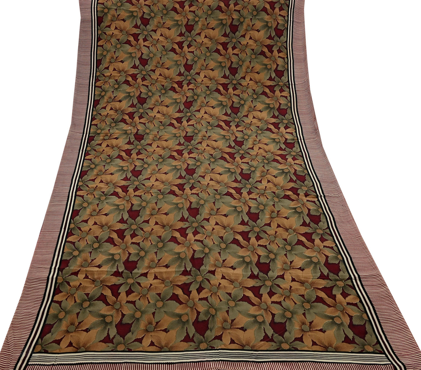 Indian Vintage Sari Green & Maroon Pure Crepe Silk Printed Sarees 6yd Sewing Soft Craft Fabric Wrap Upcycle Quilting Crafting Dress making