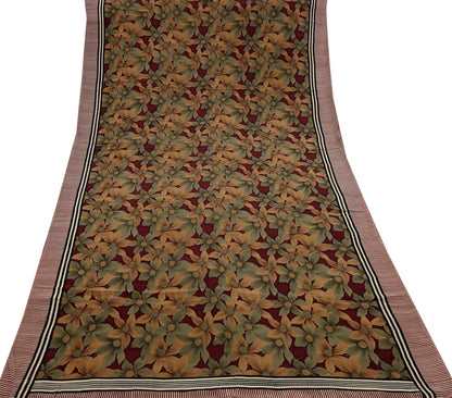 Indian Vintage Sari Green & Maroon Pure Crepe Silk Printed Sarees 6yd Sewing Soft Craft Fabric Wrap Upcycle Quilting Crafting Dress making