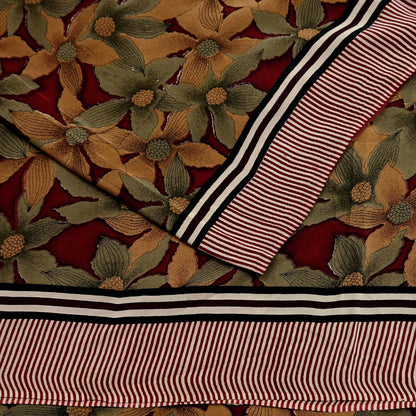 Indian Vintage Sari Green & Maroon Pure Crepe Silk Printed Sarees 6yd Sewing Soft Craft Fabric Wrap Upcycle Quilting Crafting Dress making