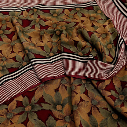 Indian Vintage Sari Green & Maroon Pure Crepe Silk Printed Sarees 6yd Sewing Soft Craft Fabric Wrap Upcycle Quilting Crafting Dress making