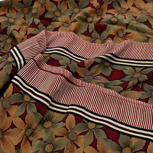 Indian Vintage Sari Green & Maroon Pure Crepe Silk Printed Sarees 6yd Sewing Soft Craft Fabric Wrap Upcycle Quilting Crafting Dress making