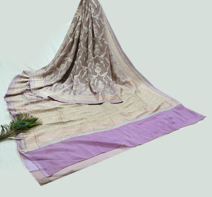 Vintage Heavy Purple Sarees Pure Georgette Silk Hand Woven Sari Craft Fabric 5Yd Sewing Soft Ethnic Zari Dress Making Wedding Sari