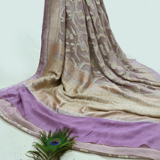 Vintage Heavy Purple Sarees Pure Georgette Silk Hand Woven Sari Craft Fabric 5Yd Sewing Soft Ethnic Zari Dress Making Wedding Sari