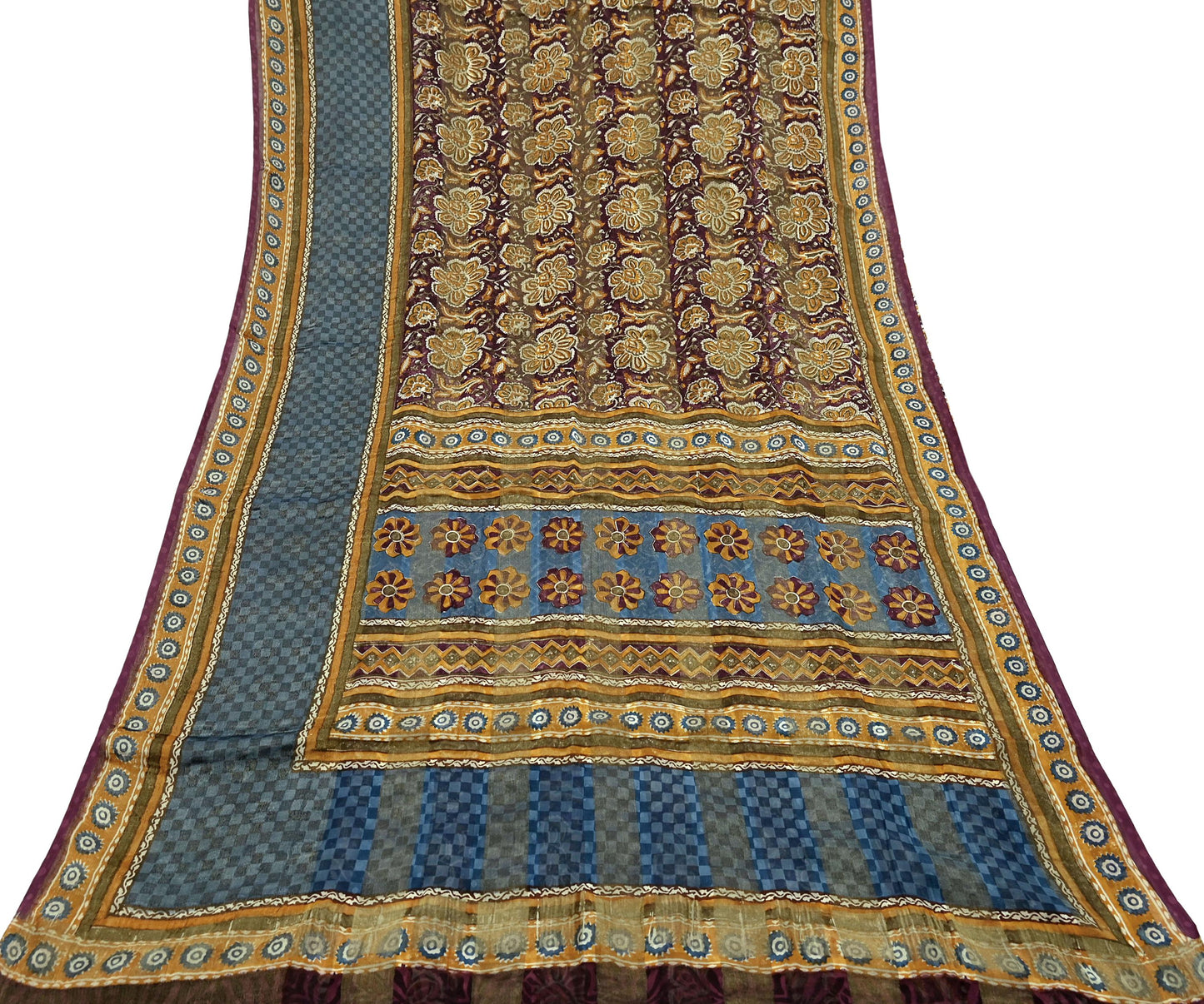 Indian Vintage Saree Burgundy & Blue Pure Georgette Silk Printed Sari Sewing 6yd Craft Fabric Soft Dress Designing for Crafting Quilting