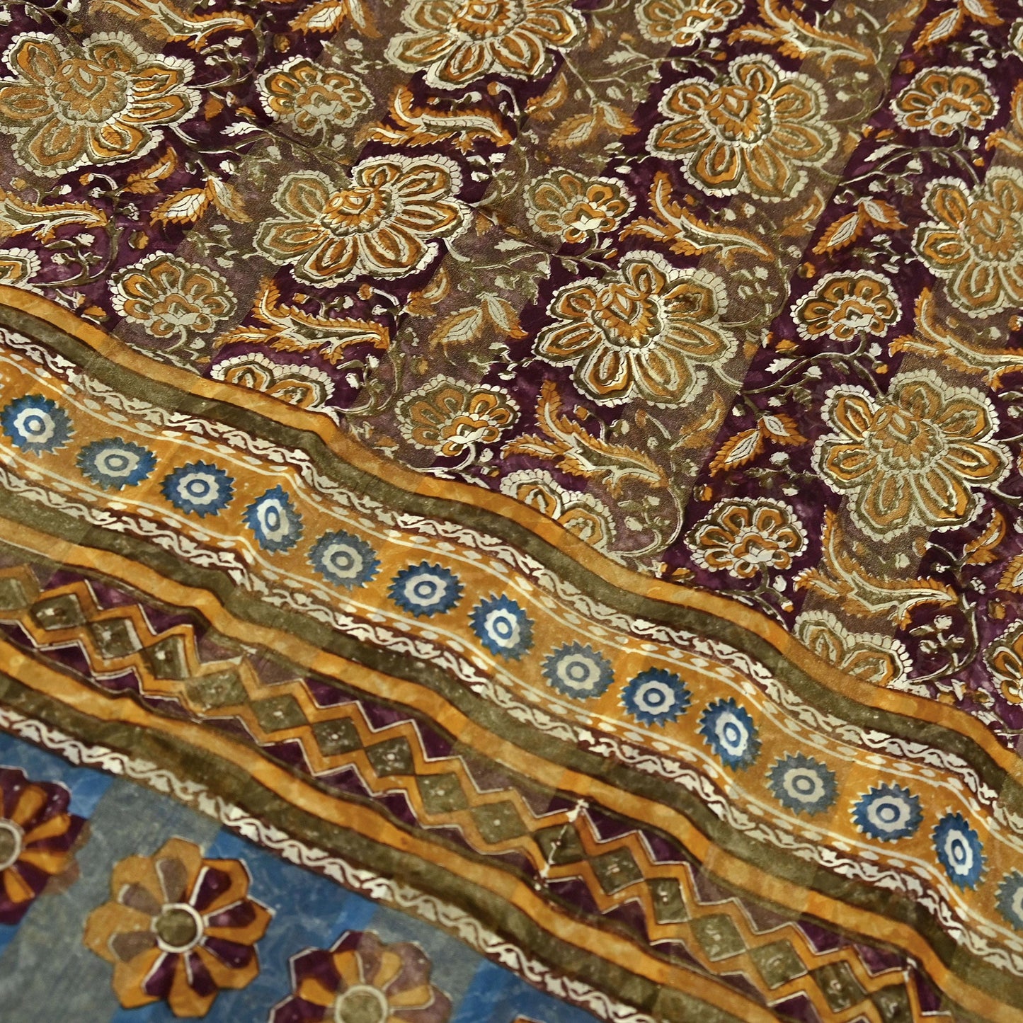 Indian Vintage Saree Burgundy & Blue Pure Georgette Silk Printed Sari Sewing 6yd Craft Fabric Soft Dress Designing for Crafting Quilting