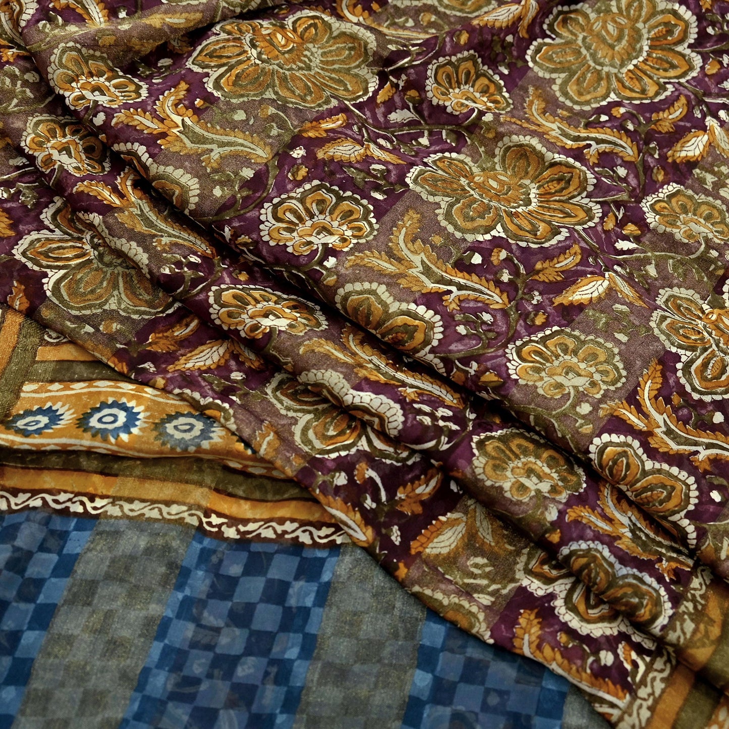Indian Vintage Saree Burgundy & Blue Pure Georgette Silk Printed Sari Sewing 6yd Craft Fabric Soft Dress Designing for Crafting Quilting