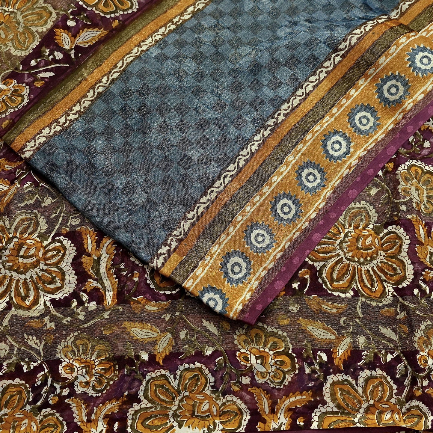 Indian Vintage Saree Burgundy & Blue Pure Georgette Silk Printed Sari Sewing 6yd Craft Fabric Soft Dress Designing for Crafting Quilting