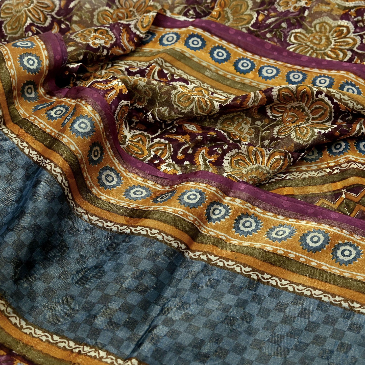 Indian Vintage Saree Burgundy & Blue Pure Georgette Silk Printed Sari Sewing 6yd Craft Fabric Soft Dress Designing for Crafting Quilting
