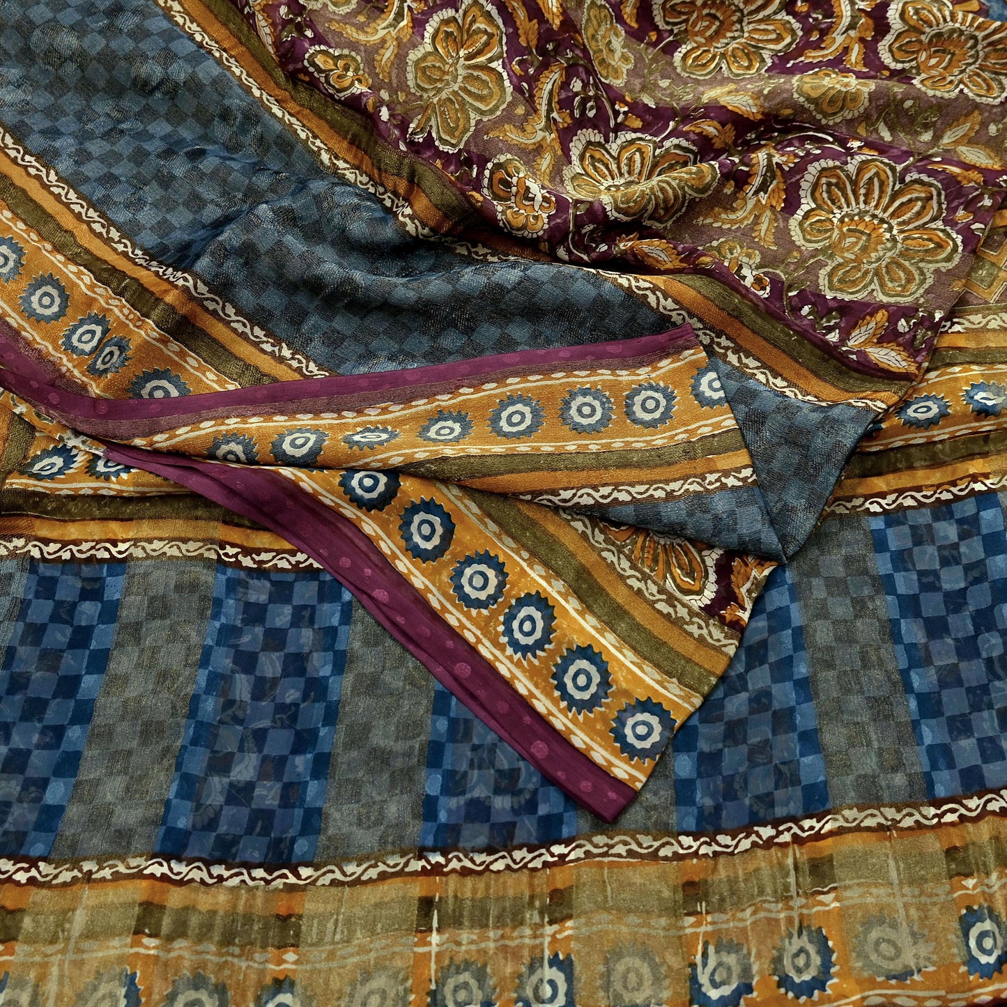 Indian Vintage Saree Burgundy & Blue Pure Georgette Silk Printed Sari Sewing 6yd Craft Fabric Soft Dress Designing for Crafting Quilting