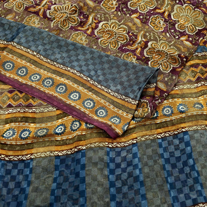 Indian Vintage Saree Burgundy & Blue Pure Georgette Silk Printed Sari Sewing 6yd Craft Fabric Soft Dress Designing for Crafting Quilting