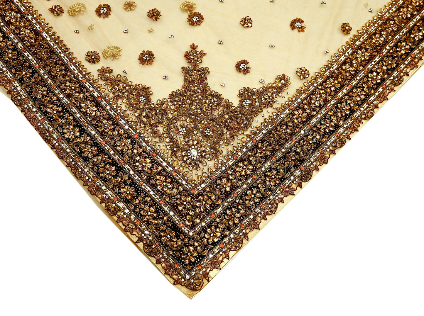 Indian Pre-owned Sari Beige Net/Mesh Hand Embroidered Anamika Khanna Designer Sarees Ethnic 5Yd Sewing  Zardozi/Dabka Zari Wedding Sarees