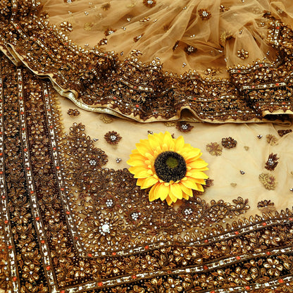 Indian Pre-owned Sari Beige Net/Mesh Hand Embroidered Anamika Khanna Designer Sarees Ethnic 5Yd Sewing  Zardozi/Dabka Zari Wedding Sarees