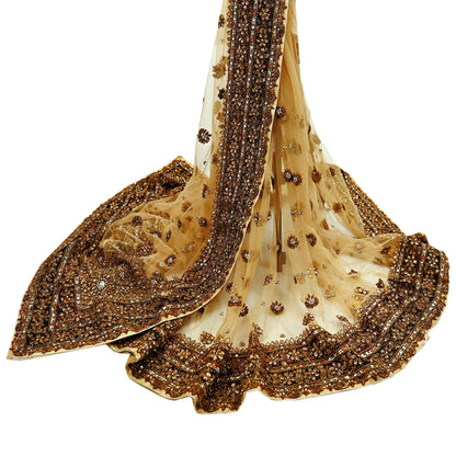 Indian Pre-owned Sari Beige Net/Mesh Hand Embroidered Anamika Khanna Designer Sarees Ethnic 5Yd Sewing  Zardozi/Dabka Zari Wedding Sarees